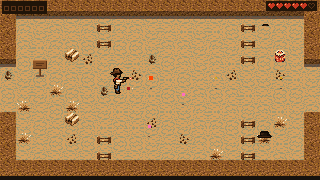 The cowboy firing his revolver across a desert yard at bandits behind fences