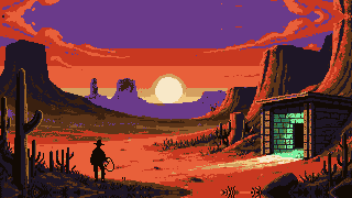 A cowboy silhouetted against a setting desert sun